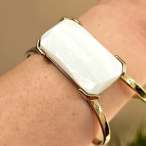 Goldtone Hammered Open Cuff Bangle Bracelet with MOP Center Accent
